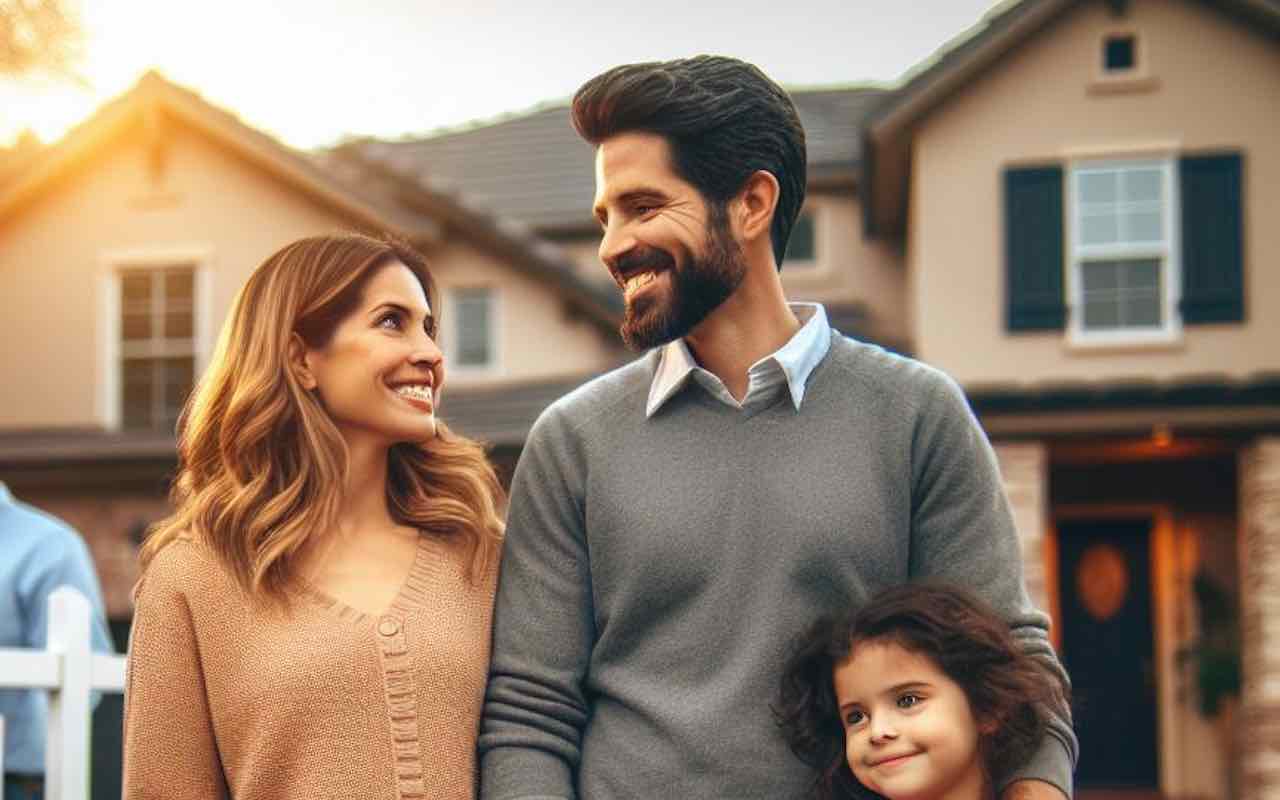 Famille heureuse devant sa maison achetée cette année
